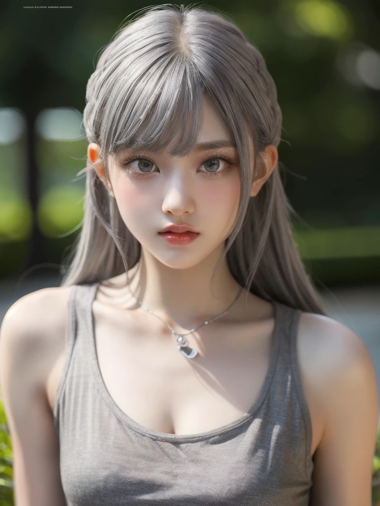 Young girl  ,masterpiece,Realistic,32k,Highly detailed CG 8K wallpaper, Highest quality ,Upper Body,((Gray Hair:1.2))、Shortcuts、Tank top