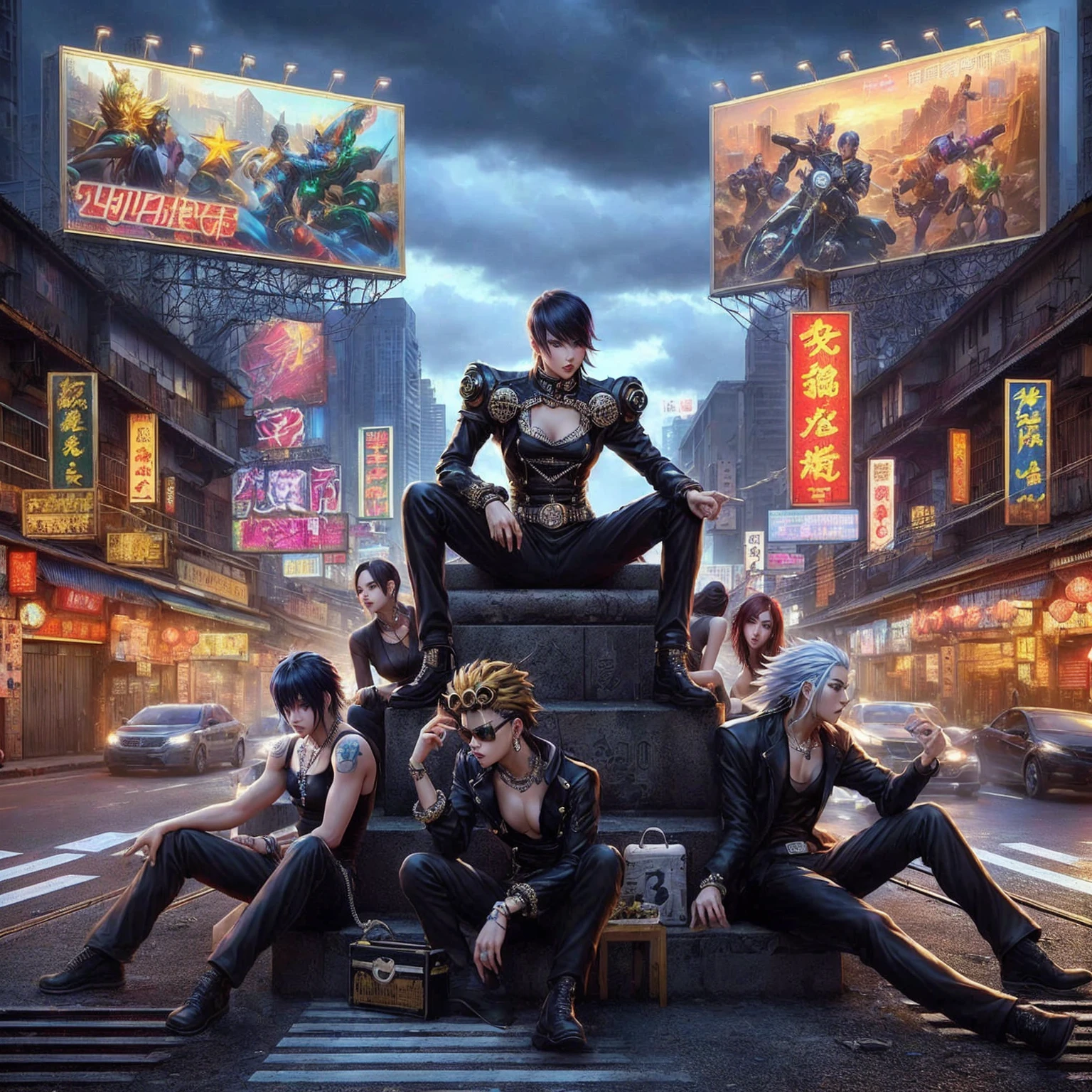 Araafed image of a group of people sitting on a statue in the city, digital ศิลปะcyberpunk anime, By Yang J, digital cyberpunk - anime art, cyberpunk anime art, cyberpunk animeสมัยใหม่, Fantasy artwork in a chic city, ศิลปะcyberpunk anime, Trending on cgstation, anime badass 8 k, cyberpunk anime, Official fan art, Riot in a cyberpunk city
