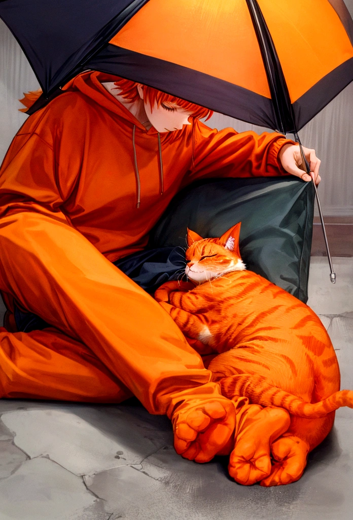 A orange cat wearing a sweatshirt is sleeping while listening to music on a rainy day