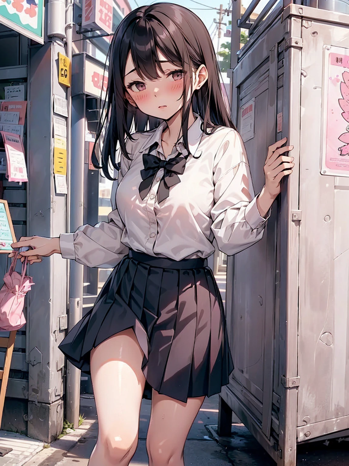 (juice:1.5,Remote vibrator, blush),Are standing, Navy pleated skirt, On the way to school, blush