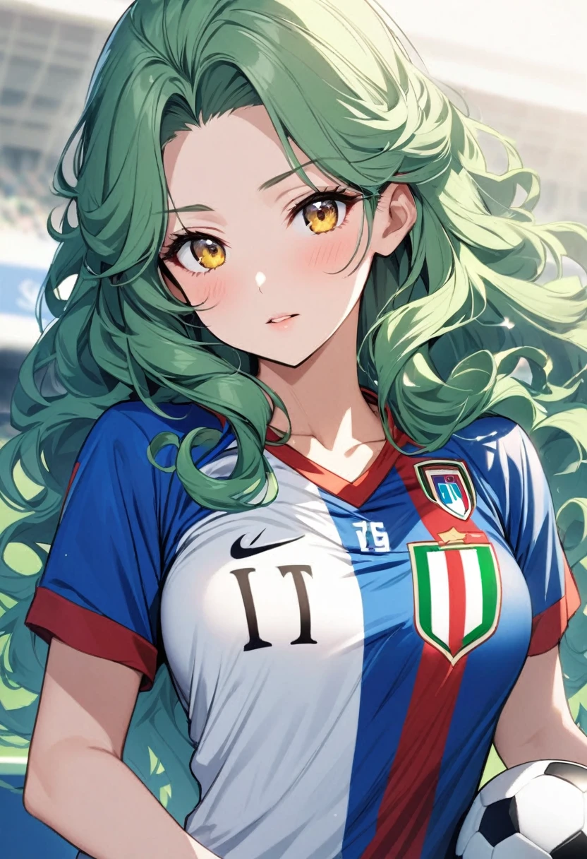 girl, beautiful, curly hair, long hair, yellow eyes, green hair, soccer shirt, italy soccer shirt, blue shirt, breasts