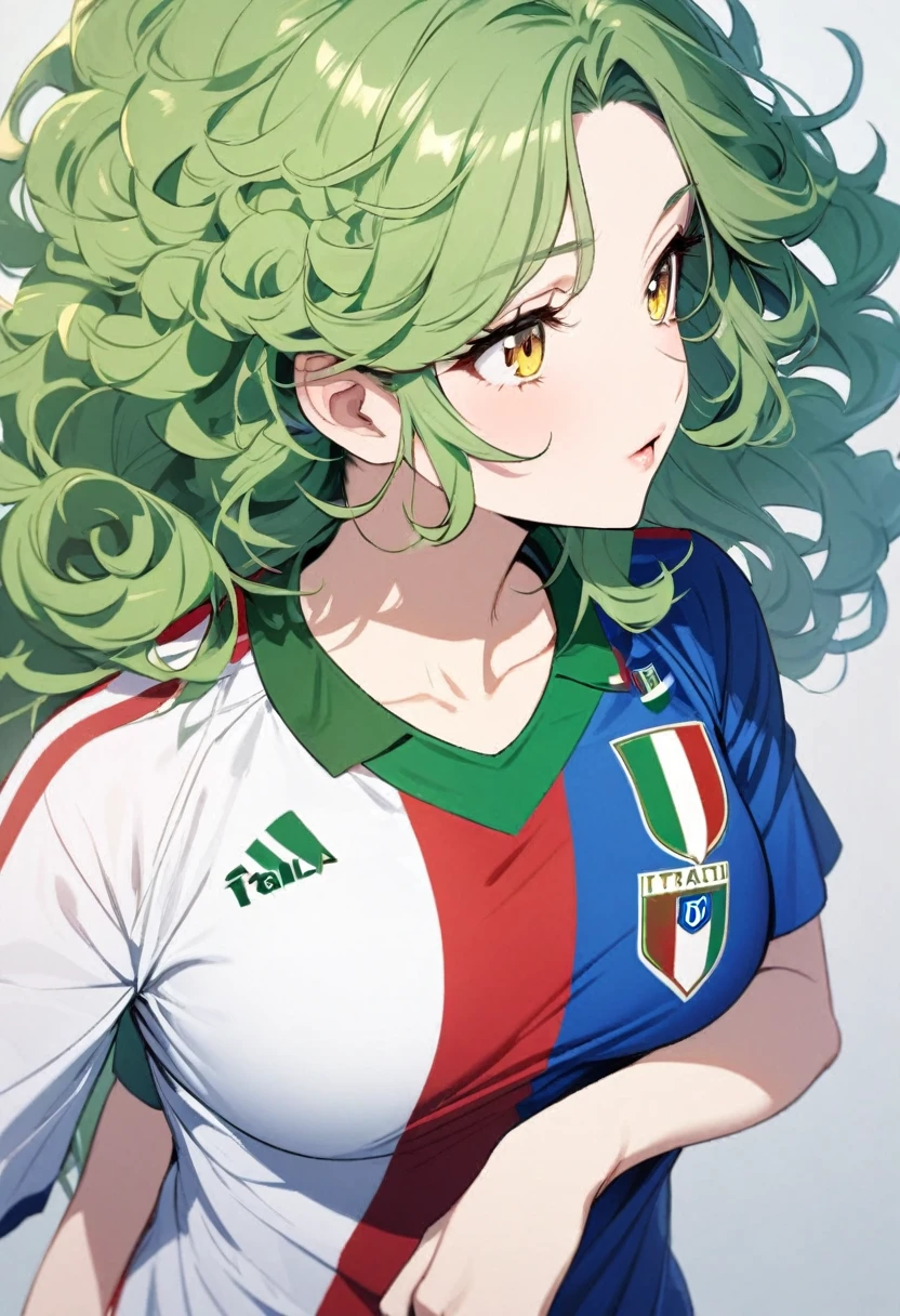 girl, beautiful, curly hair, long hair, yellow eyes, green hair, soccer shirt, italy soccer shirt, blue shirt, breasts