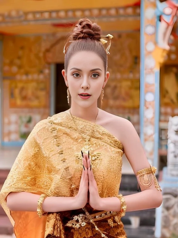 Aarav woman in a golden dress stands in front of a building., Sukhothai dress, Dilraba Dilmurat, traditional beauty, Wear elegant clothes, traditional this tradition, Wear luxurious clothes, this tradition, Traditional clothing, Thai girl anime, traditional outfit, According to Thawan Duchanee&#39;s style, Wear a luxurious silk dress, Thai art, Traditional clothing สาวเอเชียที่สวยงาม,stereoscopic 8k,45 high quality colored lights,000,000,000 pixels, photo, post-trade photo, animation, Beautiful, realistic portraits.