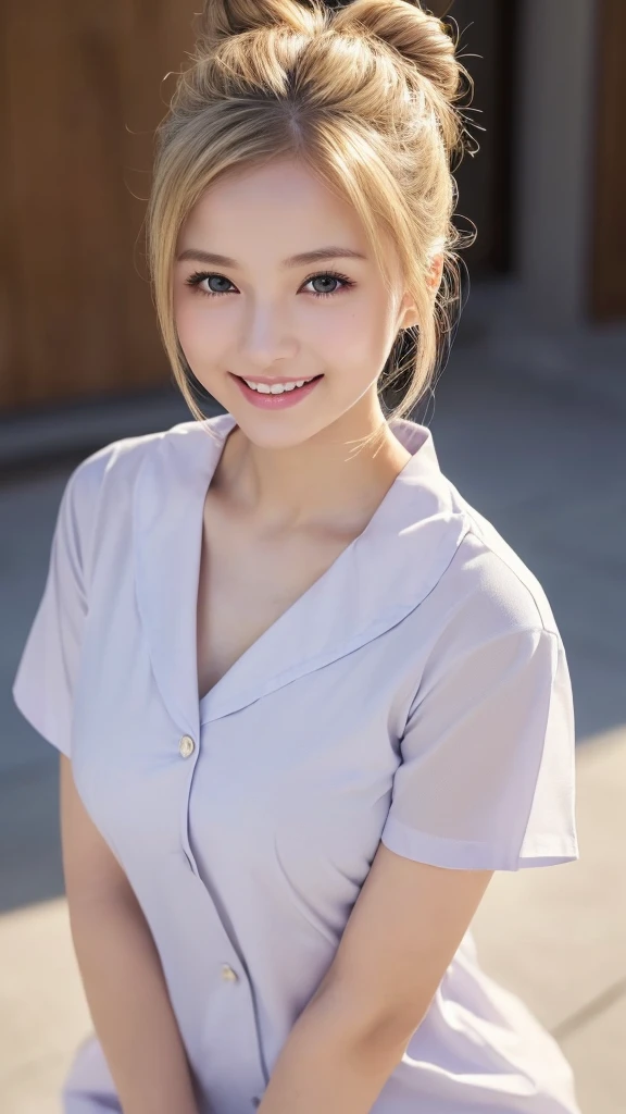 Top quality, Photo Real, High resolution, Detailed Background, (((Beautiful skin in every detail))), Detailed nose, (((Without makeup1.20))),((Clear and beautiful skin with transparency1.15)),Soft lighting, (Solo Shot:1.9),(((Nurse uniform1.10))),(((She is wearing a clothes which is completely buttoned1.20))),(tight clothing1.8),(((Neat clothes with little exposure1.20))),(((Very soft-looking thighs1.10))),Close-up shot, Nice hands, Perfect hands, Clear Eyes,Pale skin,1 beautiful woman, (Japanese girl1.15),(((Around 14 years old1.20))),(Permed hair1.8),(((Bun hair1.8))),(She has beautiful and cute blonde hair like an anime character),(Hair buns),(Soft-looking chest),(A very large and well-shaped chesthidden under clothes),(((Cute lips1.20))),(((Great style1.15))), (Open-mouthed and smiling very happily1.10),(She is laughing heartily with her mouth wide open, and she looks so cute1.20),Beautiful eyes,Looking up with eyes,Staring at me,staring directly,smile towards,(She is looking straight at me from the front1.15),((Accurate structure of the limbs1.20)),(((She is working at a cutting edge and stylish hospital1.20))),