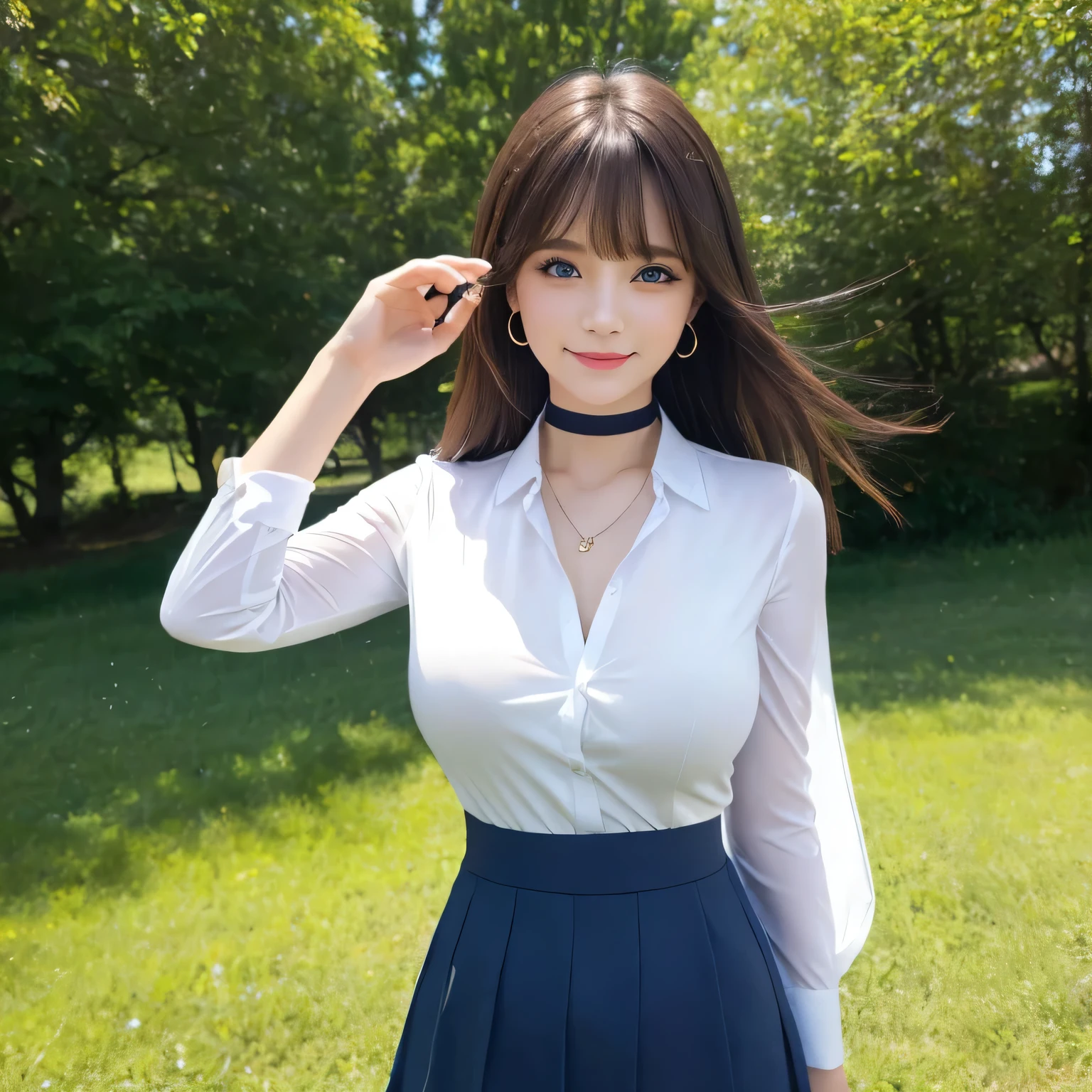 ((Group photo))、Layered Haircut,(8K,Highest quality),Full Body Shot,Shot from medium distances,open-collar shirt、Wear a JK skirt,Full body photo、 Adorable, smile, length, brown hair, 32k, masterpiece, Best image quality,Ultra-high resolution,Perfect hands,Black Choker、blue eyes、bangs、Very numerous and very long eyelashes、 Morning on the Plateau、Summer clothes、((Big Breasts)), grassland,blue sky
