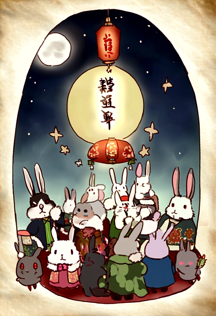 Mid-Summer Festival,(large moon),(((((Zodiac rabbit))))),tradit,celebrating,fire works,((Kongming Lantern)),Don't anthropomorphize,Don't be human,The rabbit followed,frontage.
