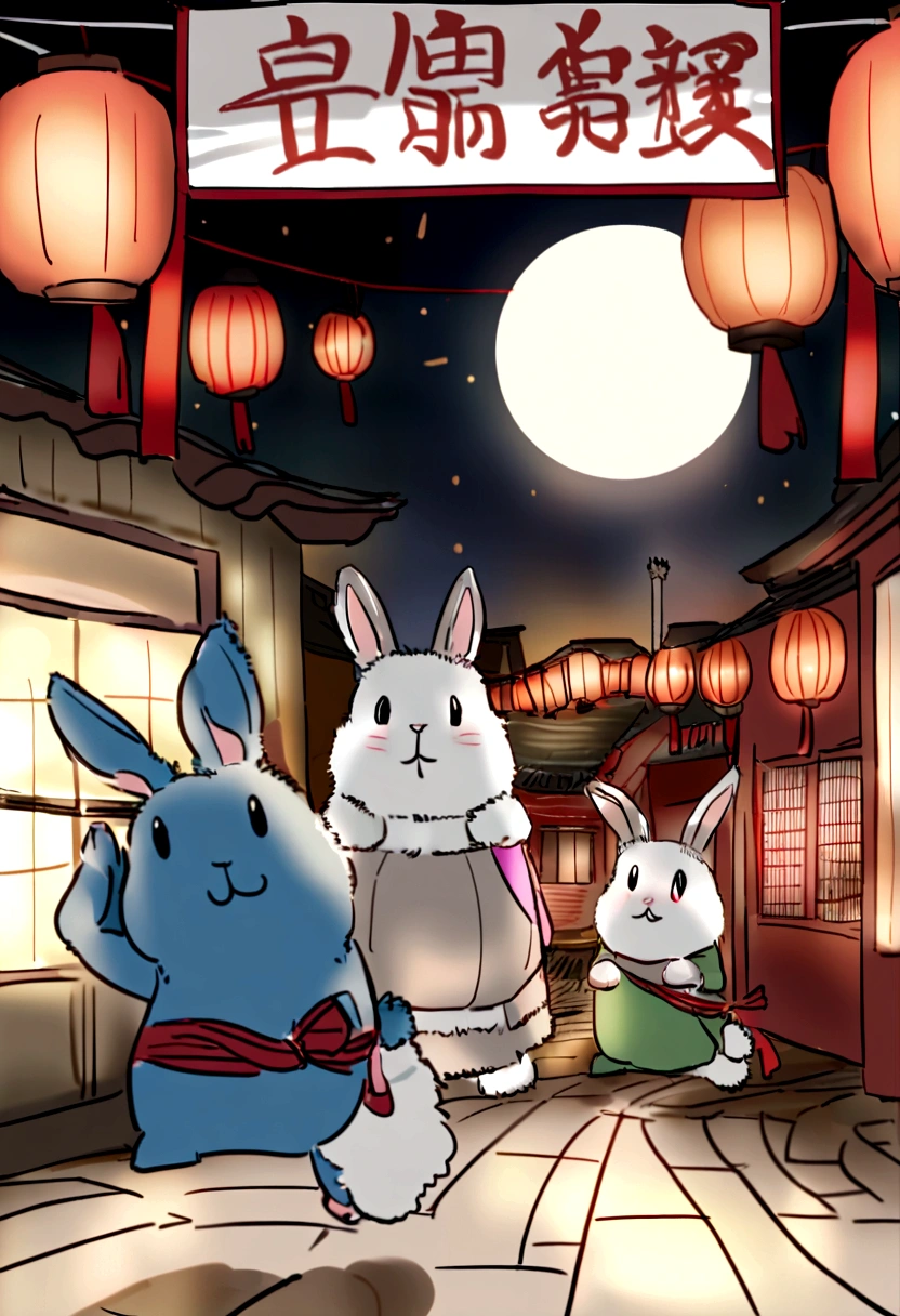 Mid-Summer Festival,(large moon),(((((Zodiac rabbit))))),tradit,celebrating,fire works,((Kongming Lantern)),Don't anthropomorphize,Don't be human,The rabbit followed,frontage.