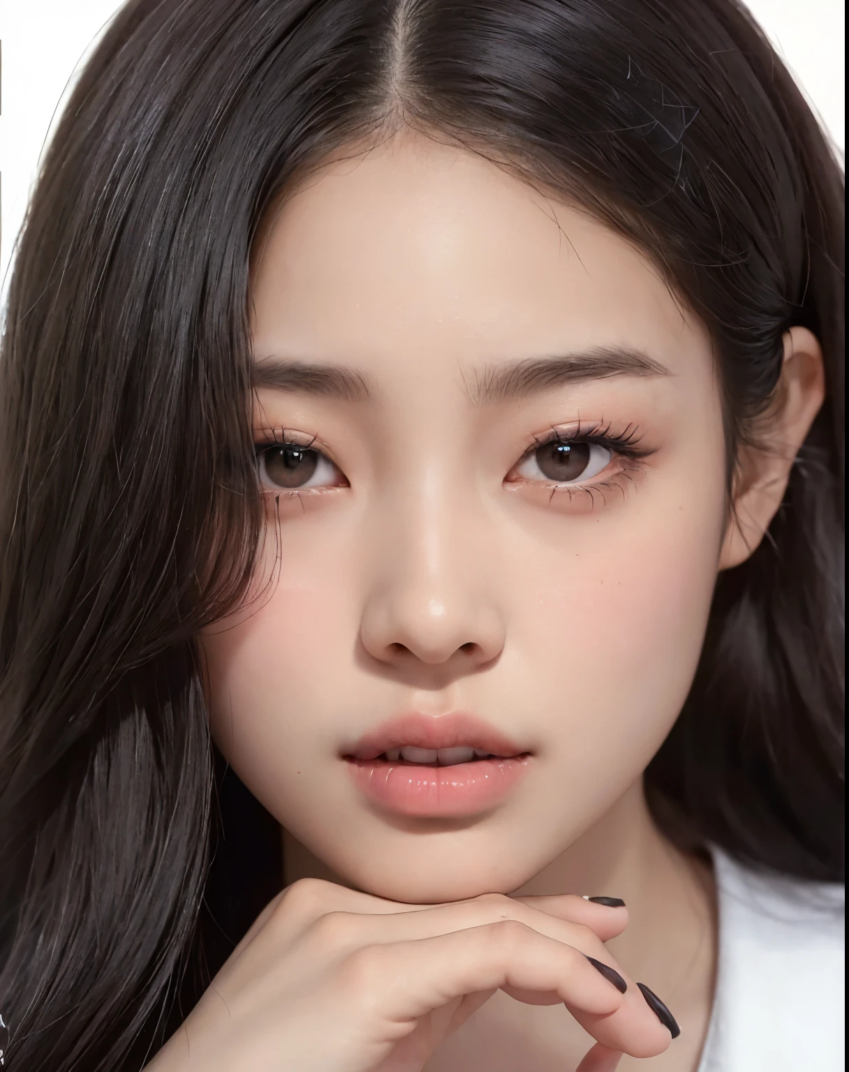 Jenny Kim, Kim jennie de black pink, black pink, masterpiece, best quality, (dark photo: 1.3), realistic, 1 woman, flat bangs, A dazzlingly innocent symmetrical face, shirt, emotional, ribbon in hair, beautiful, jennie de black pink, black pink (pure face_v1: 0.7)