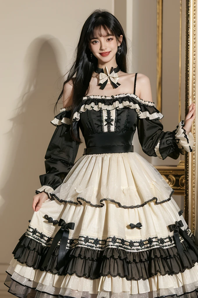 best quality, masterpiece, photorealistic, 1girl, solo, cowboy shot, standing, long black straight hair, blunt bangs, looking at viewer, smile, lo dress, long dress, layered dress, choker, bow, long sleeves,