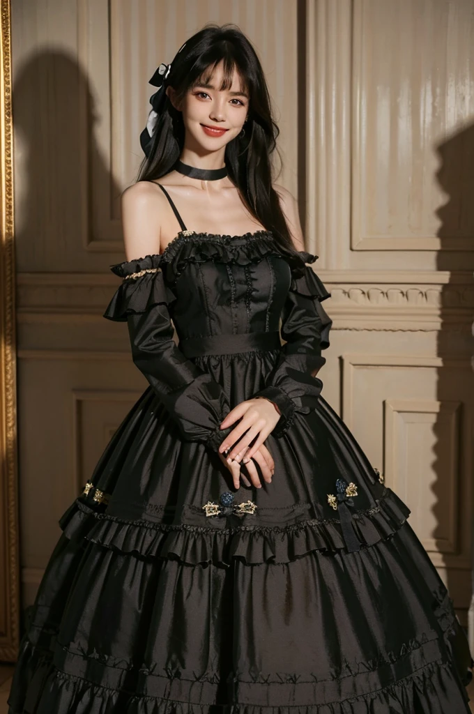 best quality, masterpiece, photorealistic, 1girl, solo, cowboy shot, standing, long black straight hair, blunt bangs, looking at viewer, smile, lo dress, long dress, layered dress, choker, bow, long sleeves,