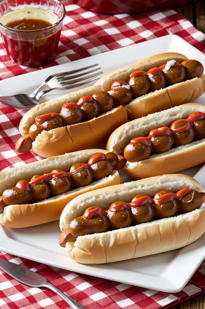 Hot dogs with red and white checkered tablecloth 