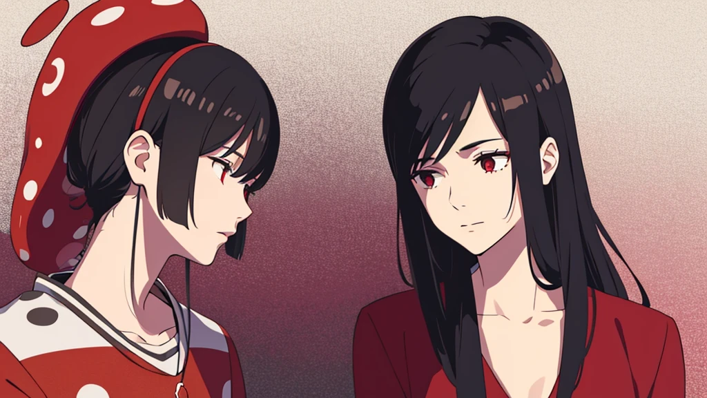 black haired with red mushroom headphones with white spots , thoughtful