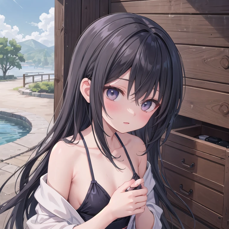 (Fox Girl, Fox Ears, Black colored hair, Fox Makeup, One Girl, Long Hair:1.6), (kimono, Shiroko style swimsuit, I can see her cleavage, Exposed skin:1.8), (Body measurements are 75-60-75!, Young girl body, Small breasts, Small breasts, Emphasize the chest, Knees are slightly visible, Muscular, Abdominal muscles, Hide your own chest with your hands:1.9), Avatar, face, lewd face, Shy expression, naughty face, Uplifting, Skin Texture, outside, Sandy beach with sea view