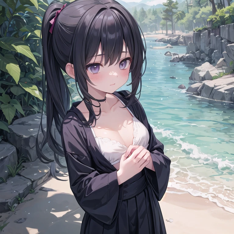 (Fox Girl, Fox Ears, Black colored hair, Fox Makeup, One Girl, Long Hair:1.6), (kimono, Shiroko style swimsuit, I can see her cleavage, Exposed skin:1.8), (Body measurements are 75-60-75!, Young girl body, Small breasts, Small breasts, Emphasize the chest, Knees are slightly visible, Muscular, Abdominal muscles, Hide your own chest with your hands:1.9), Avatar, face, lewd face, Shy expression, naughty face, Uplifting, Skin Texture, outside, Sandy beach with sea view