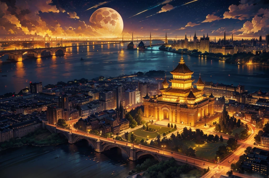 golden city, night, downtown, chinese big castle, HDR, 4k resolution, landscape, golden moon, golden cloud, firework, big river