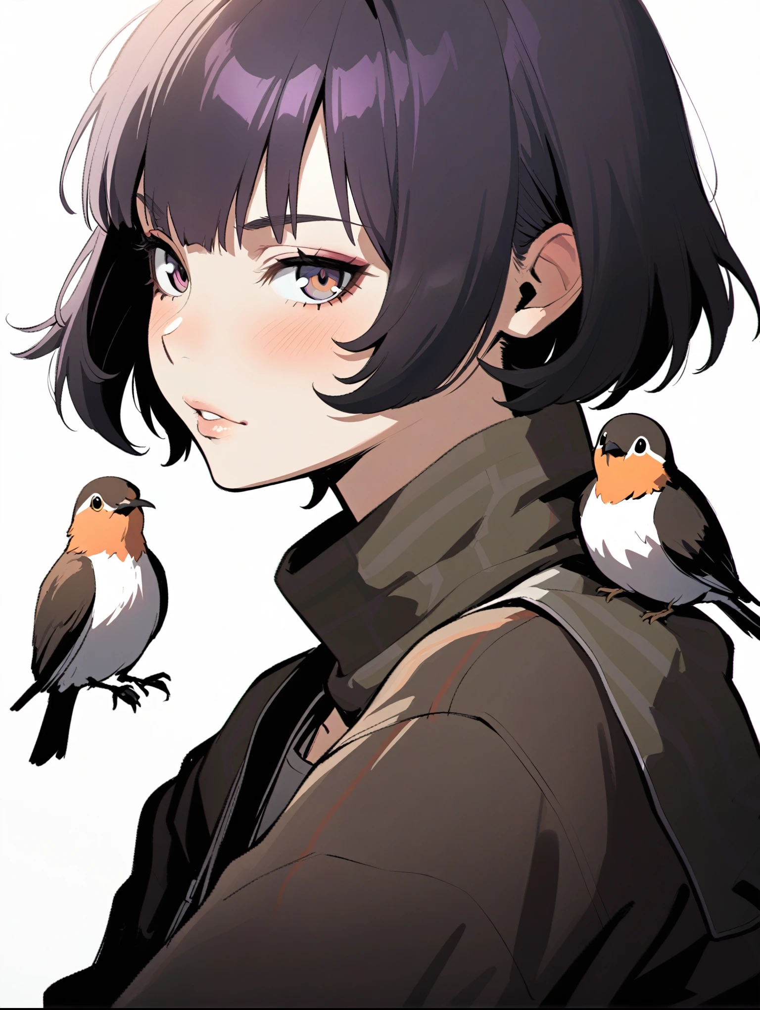 {{{sincos (sincos), Kuvshinov ilya (Kuvshinov ilya), no human}}}, 1 girl, 1 bird, short hair, purple, lips slightly parted, looking at viewer, beautiful face, bird sitting on shoulder, blank background, white background.