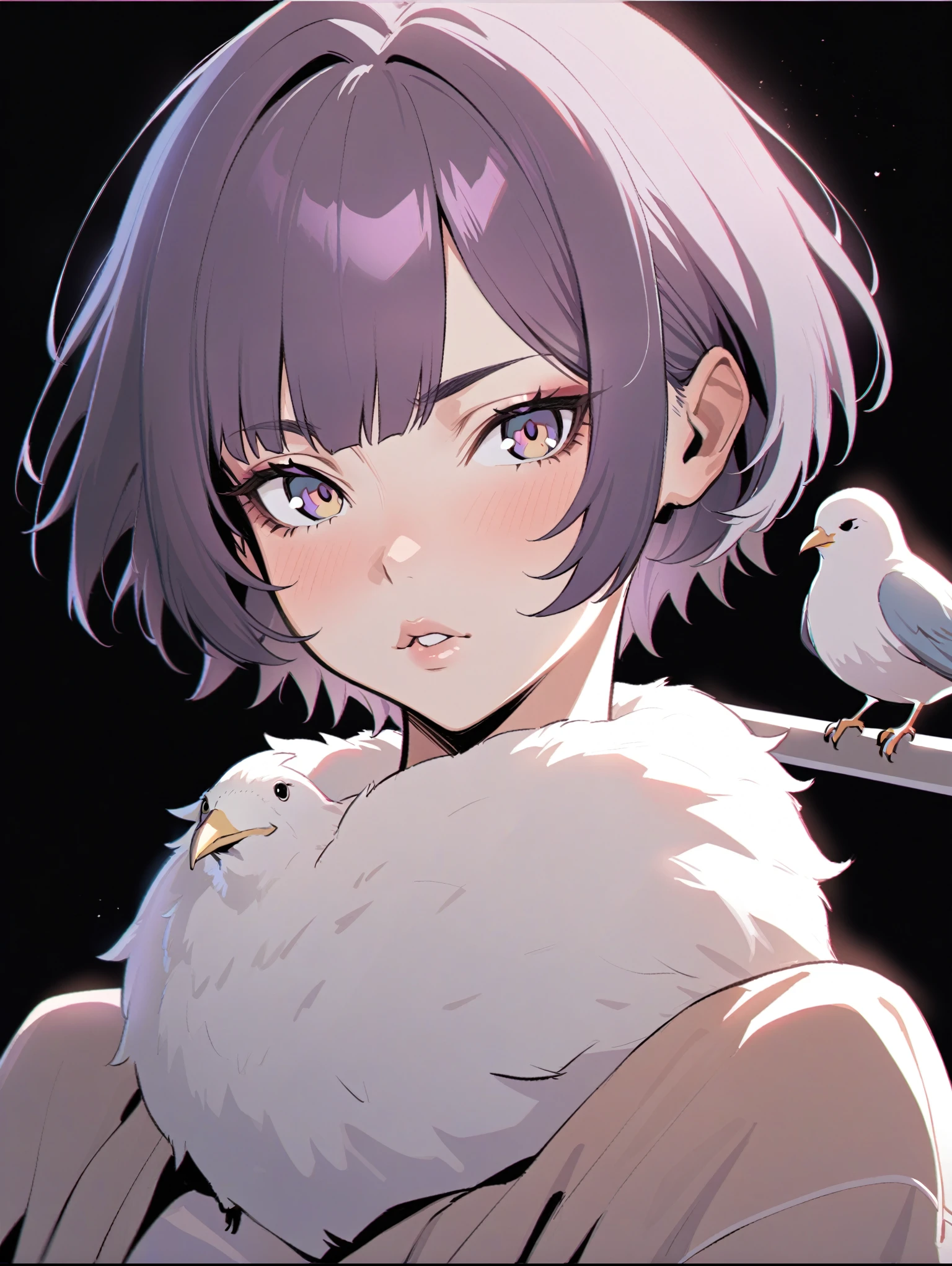 {{{sincos (sincos), Kuvshinov ilya (Kuvshinov ilya), no human}}}, 1 girl, 1 bird, short hair, purple, lips slightly parted, looking at viewer, beautiful face, bird sitting on shoulder, blank background, white background.