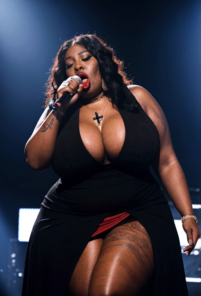 Busty 250 pound obese ((black female rapper on stage with a man Deejay:1.3)). She has (( unreal, oversize, large saggy tits showing massive gross cleavage:1.2)) and holding a (microphone on a stand:1.1). ((she is wearing makeup, dark red lipstick, a cross pendant, and a slutty and revealing red dress)), ((her mouth is closed:1.1))