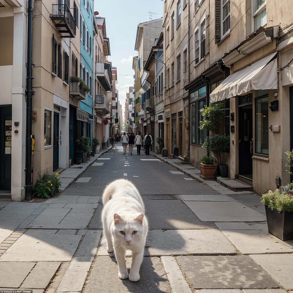 Scene: A bustling street with people walking by.
Focus: A small, white cat with big, curious eyes walking down the sidewalk