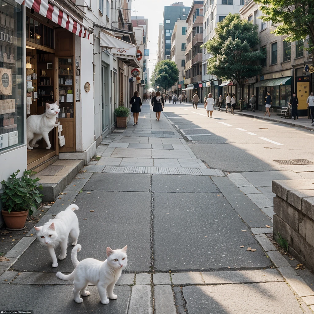 Scene: A bustling street with people walking by.
Focus: A small, white cat with big, curious eyes walking down the sidewalk