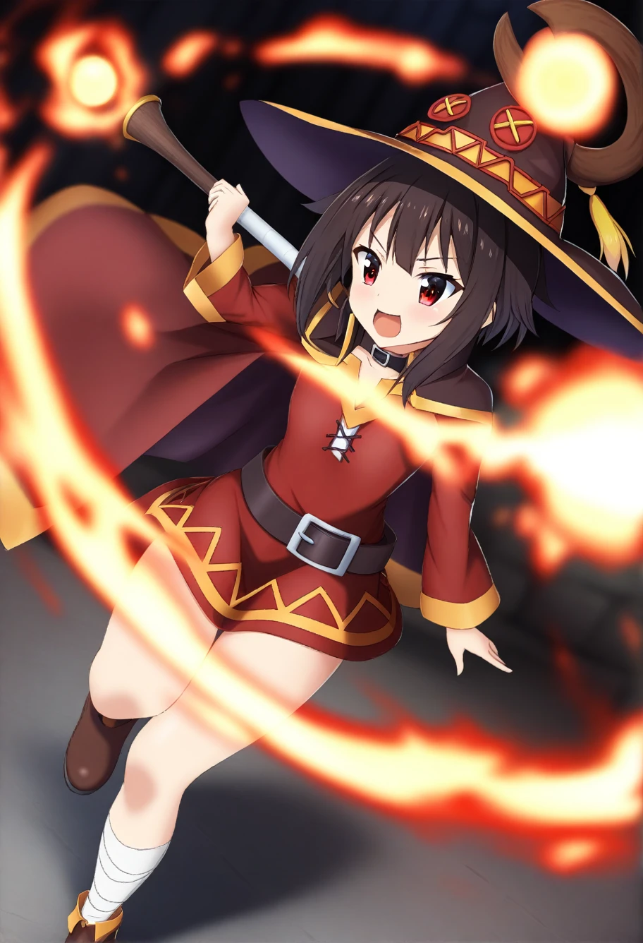 One girl,Megumin_(KonoSuba),Bandaged_foot,casting_spell,dress,full_body,hin,Holding_staff,Looking_in_Audience,magic,Open_mouth,red_Cape,detailed,skin,texture,detailed skin texture,Volumetric,Shadow,red_dress,red_eye,short_dress,short_hair,一人in,staff,Thighs,witch_hin,absolute_ryouiki,