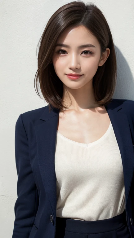 Highest quality,Very detailed,finely,High resolution,8k wallpaper,Perfect dynamic composition,office lady,Navy Blue Blazer,whole body,Are standing,Facing forward,Looking forward,Knitwear,Beautiful clavicle,Hair loss,Amazing beautiful eyes,Natural Lip,(Small breasts:1.3,suit,smile,In front of a white wall,Medium Hair,Thin,Light clothing,No sleeve,shirt,semi-long,Long Hair,short hair,Long legs,Black Hair