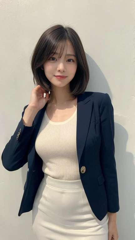 Highest quality,Very detailed,finely,High resolution,8k wallpaper,Perfect dynamic composition,office lady,Navy Blue Blazer,whole body,Are standing,Facing forward,Looking forward,Knitwear,Beautiful clavicle,Hair loss,Amazing beautiful eyes,Natural Lip,(Small breasts:1.3,suit,smile,In front of a white wall,Medium Hair,Thin,Light clothing,No sleeve,shirt,semi-long,Long Hair,short hair,Long legs,Black Hair
