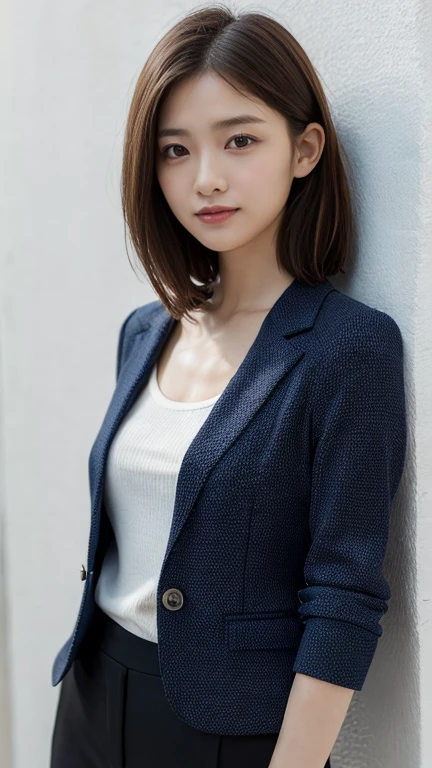 Highest quality,Very detailed,finely,High resolution,8k wallpaper,Perfect dynamic composition,office lady,Navy Blue Blazer,whole body,Are standing,Facing forward,Looking forward,Knitwear,Beautiful clavicle,Hair loss,Amazing beautiful eyes,Natural Lip,(Small breasts:1.3,suit,smile,In front of a white wall,Medium Hair,Thin,Light clothing,No sleeve,shirt,semi-long,Long Hair,short hair,Long legs,Black Hair