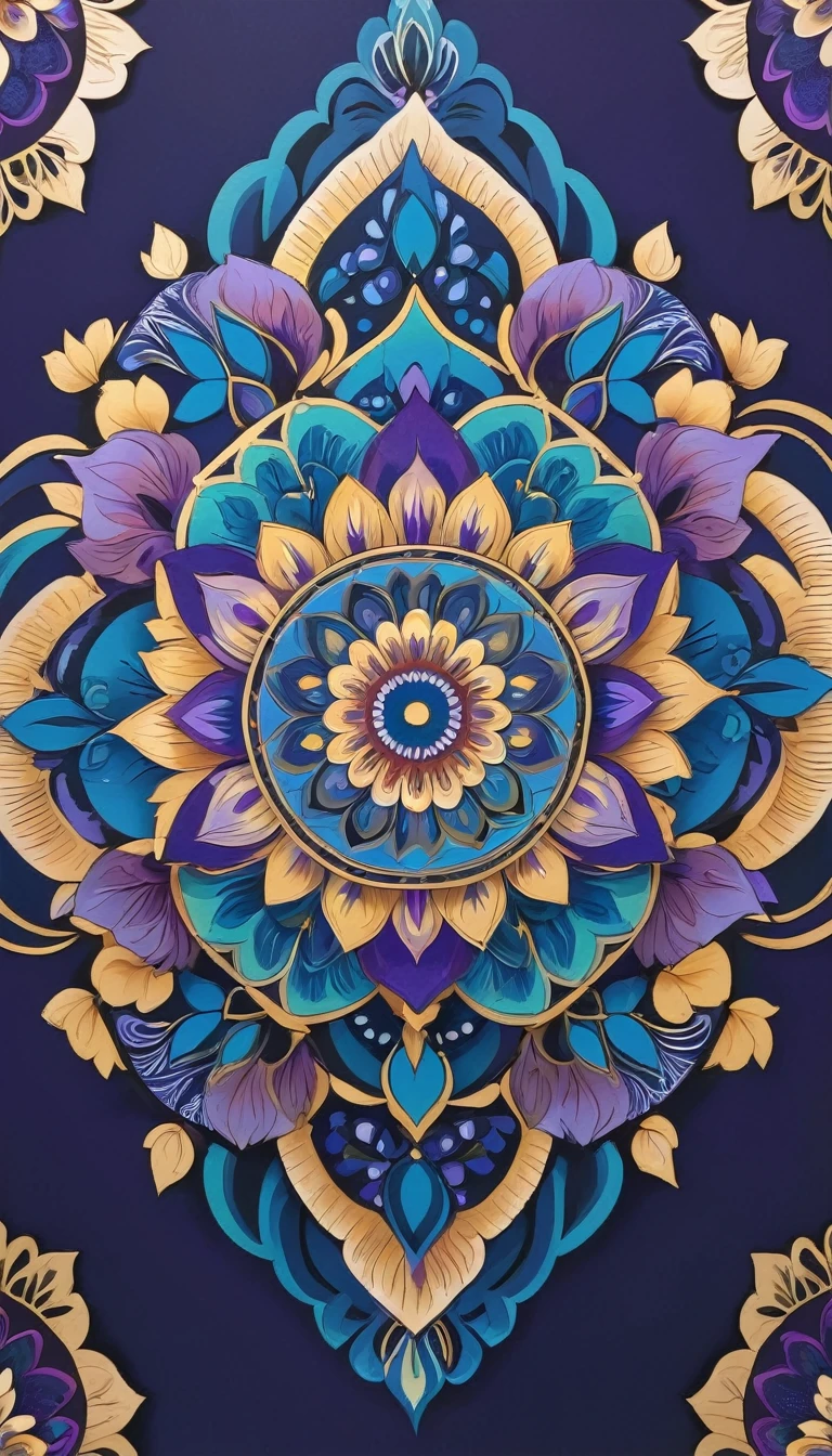 Create a detailed mandala art piece featuring intricate patterns and geometric designs. Use a dark background to highlight the vibrant colors of the mandala, including shades of blue, purple, and gold. Incorporate floral motifs and symmetrical shapes to enhance the complexity and beauty of the artwork.
