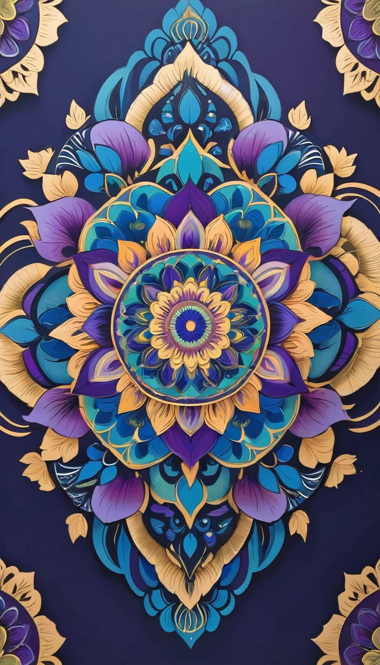 Create a detailed mandala art piece featuring intricate patterns and geometric designs. Use a dark background to highlight the vibrant colors of the mandala, including shades of blue, purple, and gold. Incorporate floral motifs and symmetrical shapes to enhance the complexity and beauty of the artwork.