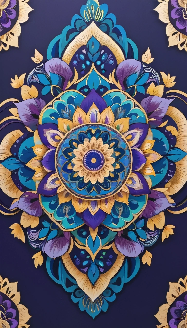 Create a detailed mandala art piece featuring intricate patterns and geometric designs. Use a dark background to highlight the vibrant colors of the mandala, including shades of blue, purple, and gold. Incorporate floral motifs and symmetrical shapes to enhance the complexity and beauty of the artwork.
