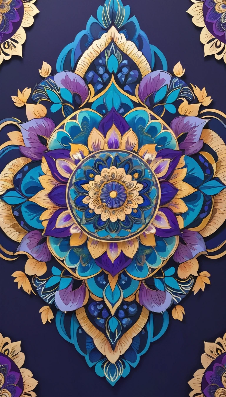 Create a detailed mandala art piece featuring intricate patterns and geometric designs. Use a dark background to highlight the vibrant colors of the mandala, including shades of blue, purple, and gold. Incorporate floral motifs and symmetrical shapes to enhance the complexity and beauty of the artwork.