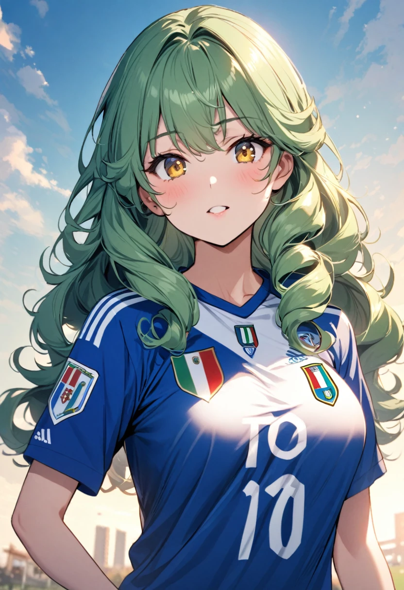 girl, beautiful, curly hair, long hair, yellow eyes, green hair, soccer shirt, italy soccer shirt, blue shirt, breasts