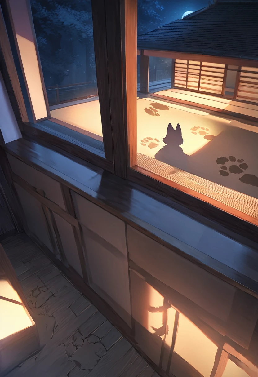 top quality, best quality, High-quality illustrations, masterpiece, super high resolution, detailed background, night, japanese house, swaying curtains, moonlight from windows, footprints on the floor, enigmatic presence, boy, absurdres(highly detailed beautiful face and eyes)perfect ???????, expression, good lighting, cinematic shadow(kemono, furry anthro)natural poses, dynamic angle,