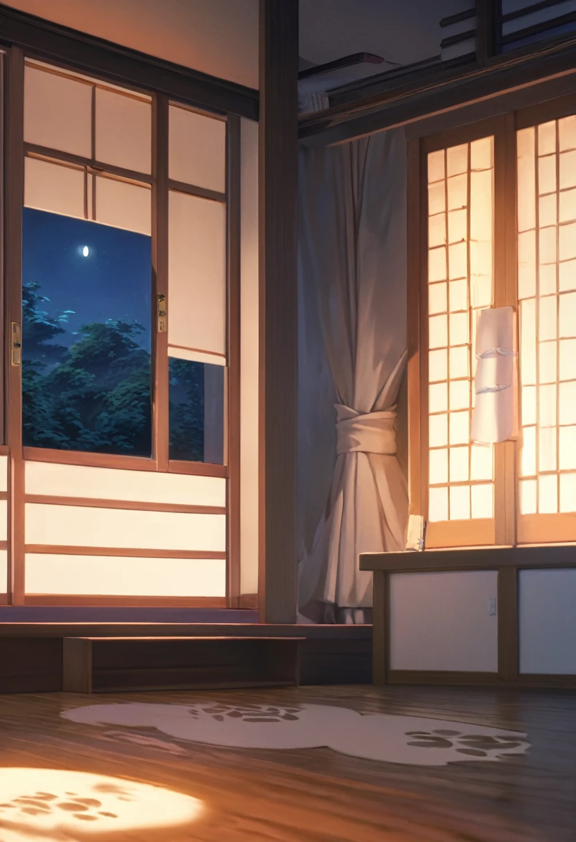top quality, best quality, High-quality illustrations, masterpiece, super high resolution, detailed background, night, japanese house, swaying curtains, moonlight from windows, footprints on the floor, enigmatic presence, boy, absurdres(highly detailed beautiful face and eyes)perfect anatomy, expression, good lighting, cinematic shadow(kemono, furry anthro)natural poses, dynamic angle,