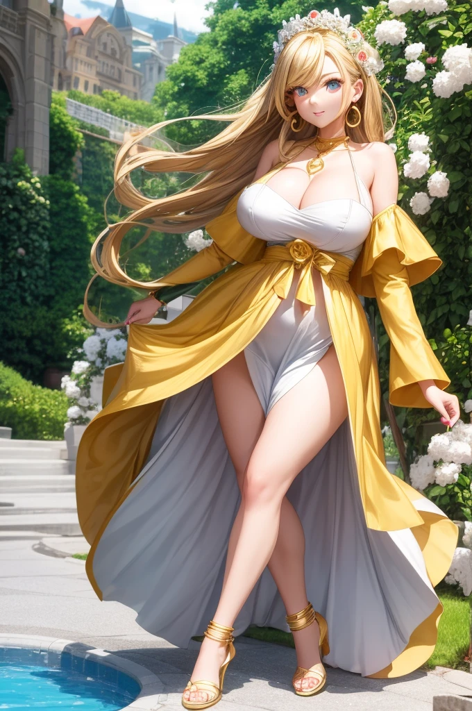 An extremely beautiful busty woman with gold blonde long silky hair, blue oceanic eyes, extremely super bright snow white fair stunning flawless glowing lush shiny white skin, and complexion, a perfect tight hourglass figure, a thick plump ass, cleavage, and perfect hips, wearing a short sexy loose revealing white floral dress with red flower patterns along with a red sash around the waist and a light brown off-shoulder cardigan, yellow heels, jewelry on the neck, gold bangles on her wrist, and anklets on her legs, gold earrings, a cute adorable smile, pink puffy lips, pink nails, red rose on hair, standing straight, hands joined together, looking at the viewer, big garden in the background, day time, show full body from head to feet, naked( 1.3), open clothes
