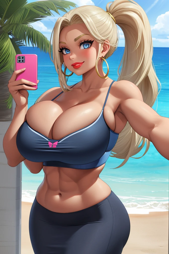 althetic girl, blonde hair, ((high ponytail)), long wavy pony, side swoop, tanned skin, blue eyes, pouting lips (smile), red lipstick (bimbo lips), gold hoop earrings, slim waist, (toned muscles), big breasts ((giant breasts:1.3)), thunder thighs, sleeveless, ((blue bra)), midriff (navy pencil skirt), bent over selfie, from front, facing camera, at the beach, palm trees, wide shot ((masterpiece, curvilinear, 8K))