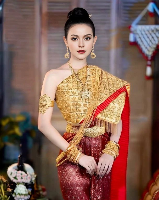 Aarav woman in a golden dress stands in front of a building., Sukhothai dress, Dilraba Dilmurat, traditional beauty, Wear elegant clothes, traditional this tradition, Wear luxurious clothes, this tradition, Traditional clothing, Thai girl anime, traditional outfit, According to Thawan Duchanee's style, Wear a luxurious silk dress, Thai art, Traditional clothing สาวเอเชียที่สวยงาม,stereoscopic 8k,45 high quality colored lights,000,000,000 pixels, photo, post-trade photo, animation, Beautiful, realistic portraits.