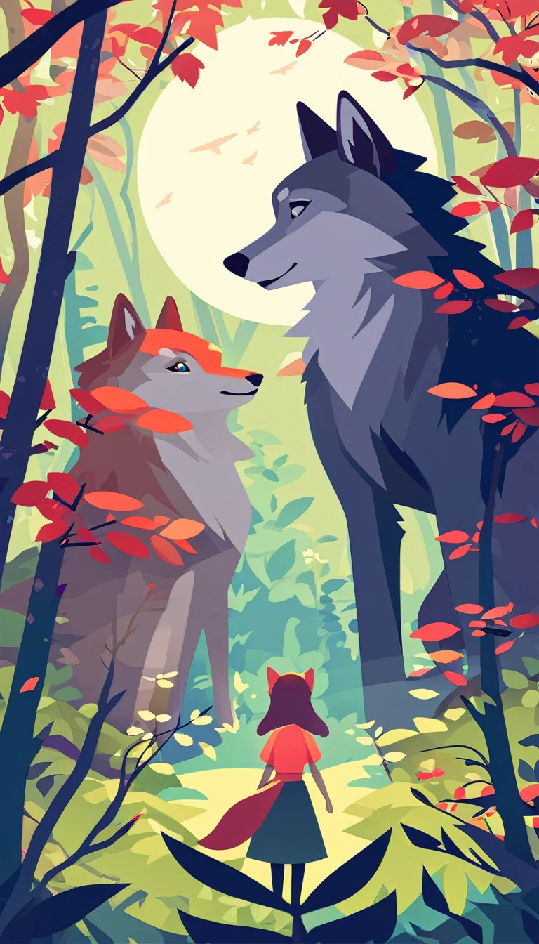 wallpaper of smartphone, A girl and a wolf meet in the forest, flat Design, vector illustrations, graphic illustration, detailed 2d illustration, flat illustration, digital illustration, digital artwork,