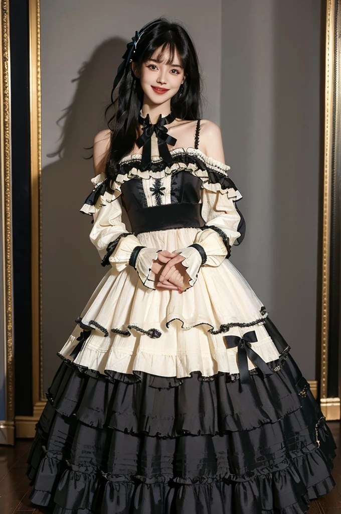 best quality, masterpiece, photorealistic, 1girl, solo, cowboy shot, standing, long black straight hair, blunt bangs, looking at viewer, smile, lo dress, long dress, layered dress, choker, bow, long sleeves,  
