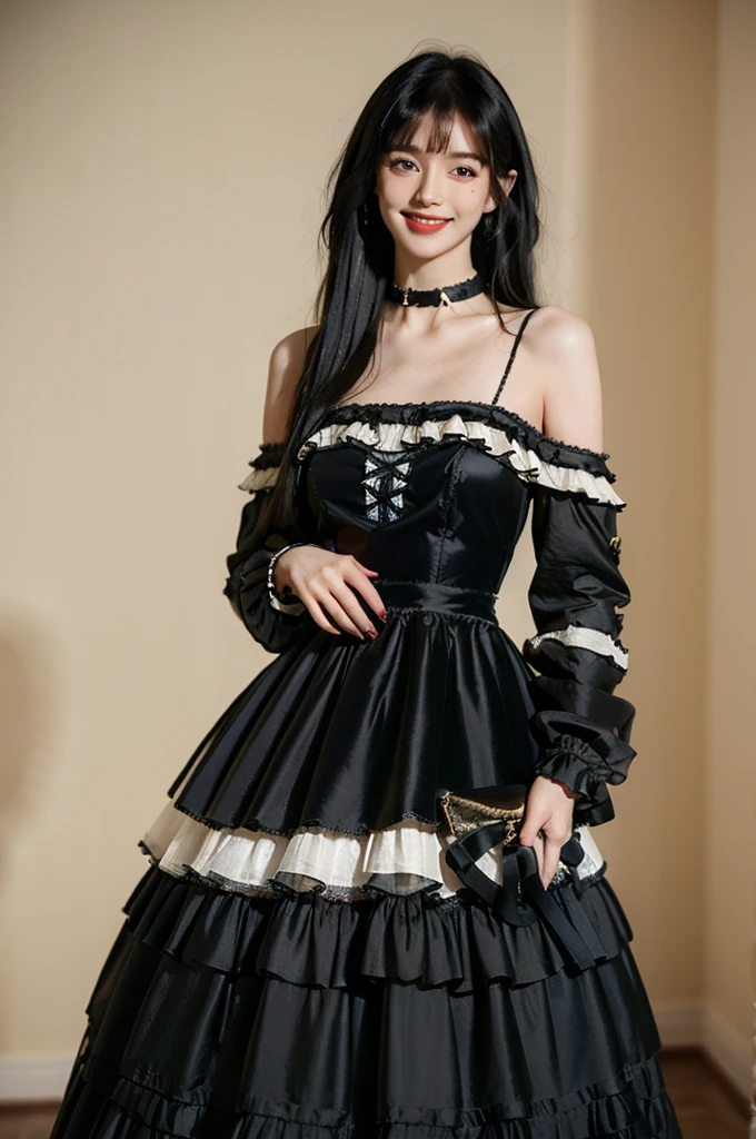 best quality, masterpiece, photorealistic, 1girl, solo, cowboy shot, standing, long black straight hair, blunt bangs, looking at viewer, smile, lo dress, long dress, layered dress, choker, bow, long sleeves,