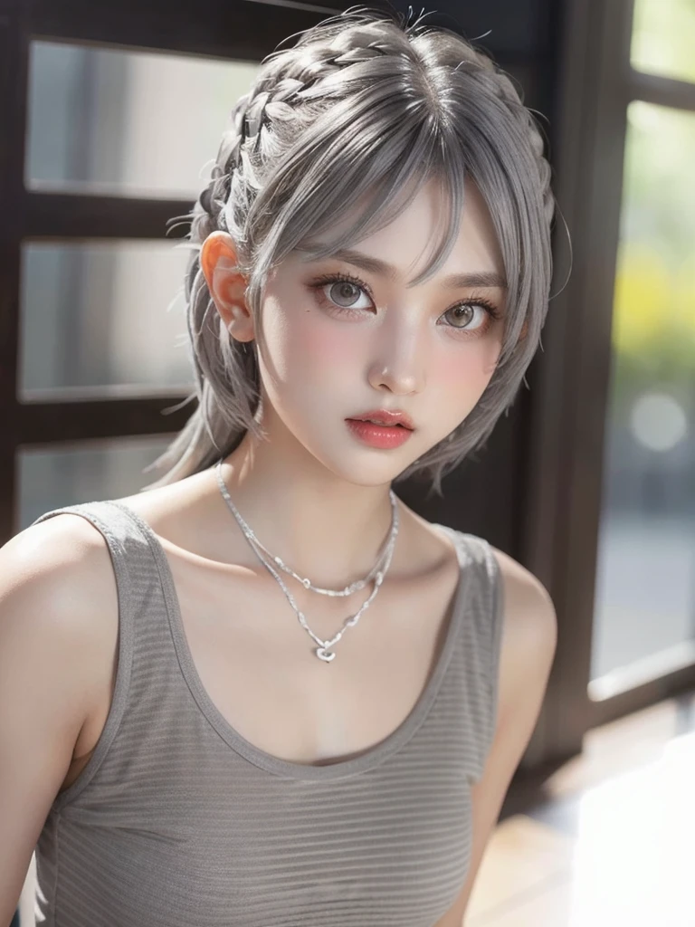 Young girl  ,masterpiece,Realistic,32k,Highly detailed CG 8K wallpaper, Highest quality ,Upper Body,((Gray Hair:1.2))、Shortcuts、White tank top