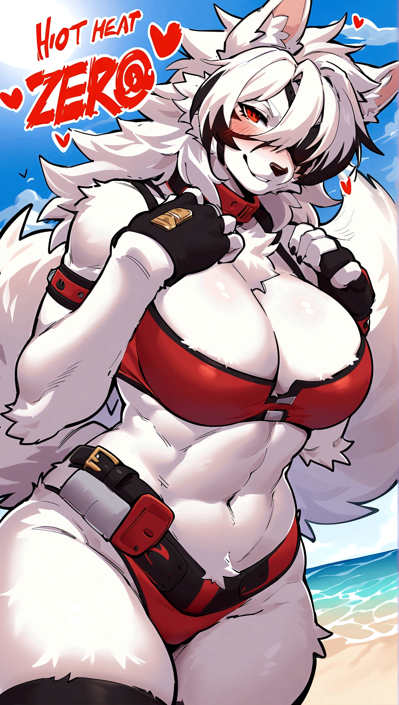 top quality, best quality, by estper, High-quality illustrations, masterpiece)(kemono, furry anthro), round, 1 female, hot mother figure, white wolf, Von Lycaon, (Zenless Zone Zero), white fur, fluffy, big breasts, wide hips, tail, perfect eyes, red eyes, eye patch, druid clothes, sea beach, body movement, shy smile, red blushing, horny, in heat, needy, looking at viewer,