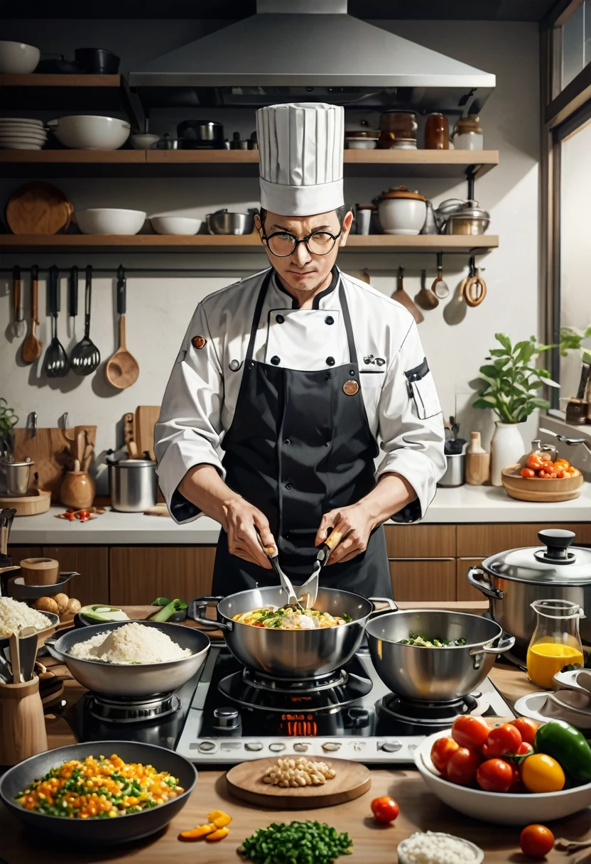 (Wearing Glasses, close up face), the chef is in the kitchen, wearing round framed glasses to focus on preparing ingredients, showcasing his love for food. The background is the kitchen and various cooking tools, full body, (Photography), panoramic view, award-winning, cinematic still, emotional, vignette, dynamic, vivid, (masterpiece, best quality, Professional, perfect composition, very aesthetic, absurdres, ultra-detailed, intricate details:1.3)