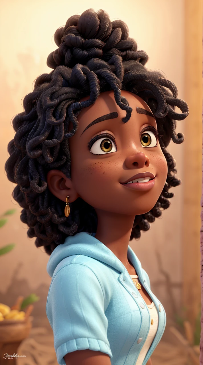 a pretty black woman, 1girl, beautiful detailed eyes, beautiful detailed lips, extremely detailed face and skin, intricate detailed hair, disney style, pixar style, high quality 3d, cinematic lighting, warm colors, glowing skin, bright colors, dynamic pose, expressive facial features, detailed background, lush environment, whimsical, dreamlike, magical realism, studio ghibli, ultrarealistic, 8k, photorealistic, hyper detailed