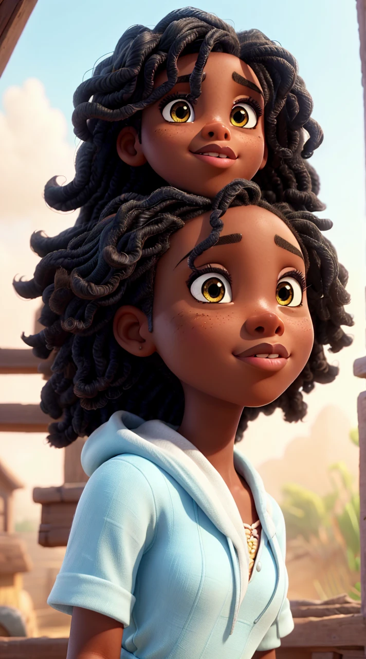a pretty black woman, 1girl, beautiful detailed eyes, beautiful detailed lips, extremely detailed face and skin, intricate detailed hair, disney style, pixar style, high quality 3d, cinematic lighting, warm colors, glowing skin, bright colors, dynamic pose, expressive facial features, detailed background, lush environment, whimsical, dreamlike, magical realism, studio ghibli, ultrarealistic, 8k, photorealistic, hyper detailed