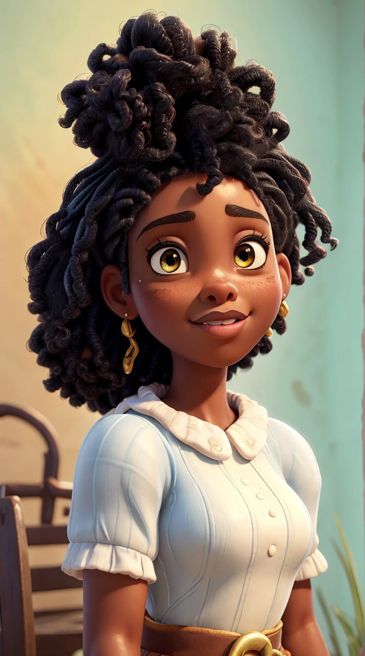 a pretty black woman, 1girl, beautiful detailed eyes, beautiful detailed lips, extremely detailed face and skin, intricate detailed hair, disney style, pixar style, high quality 3d, cinematic lighting, warm colors, glowing skin, bright colors, dynamic pose, expressive facial features, detailed background, lush environment, whimsical, dreamlike, magical realism, studio ghibli, ultrarealistic, 8k, photorealistic, hyper detailed