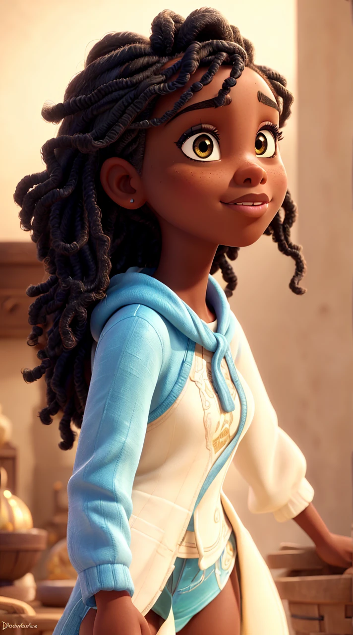 a pretty black woman, 1girl, beautiful detailed eyes, beautiful detailed lips, extremely detailed face and skin, intricate detailed hair, disney style, pixar style, high quality 3d, cinematic lighting, warm colors, glowing skin, bright colors, dynamic pose, expressive facial features, detailed background, lush environment, whimsical, dreamlike, magical realism, studio ghibli, ultrarealistic, 8k, photorealistic, hyper detailed