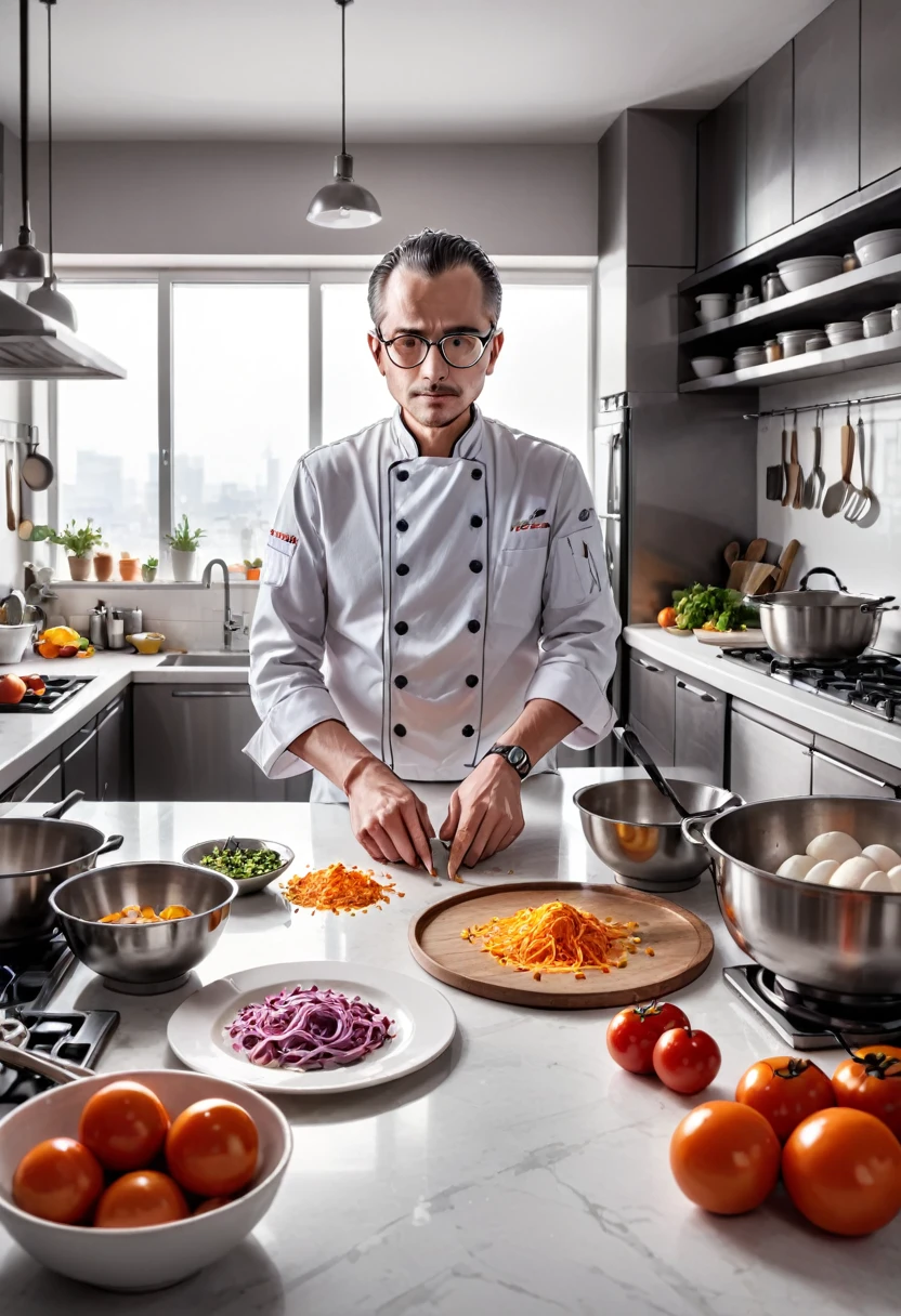 (Wearing Glasses, close up face), the chef is in the kitchen, wearing round framed glasses to focus on preparing ingredients, showcasing his love for food. The background is the kitchen and various cooking tools, full body, (Photography), panoramic view, award-winning, cinematic still, emotional, vignette, dynamic, vivid, (masterpiece, best quality, Professional, perfect composition, very aesthetic, absurdres, ultra-detailed, intricate details:1.3)