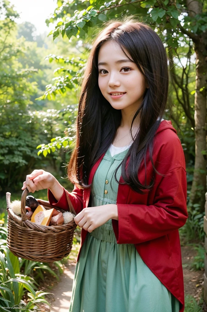 A high-resolution, realistic image of a cute 15-year-old Japanese girl with dark hair, wearing a red hooded cape. She is standing in a picturesque forest scene with lush green trees and sunlight filtering through the leaves. The girl is holding a basket filled with delicious treats, and she has a cheerful and adventurous expression on her face. The setting is serene with birds singing in the background, capturing the essence of a classic fairytale beginning.
